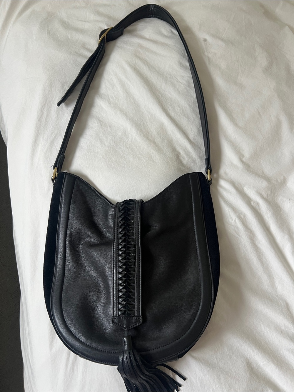 margot Black Leather purse with Braided Center and Tassel